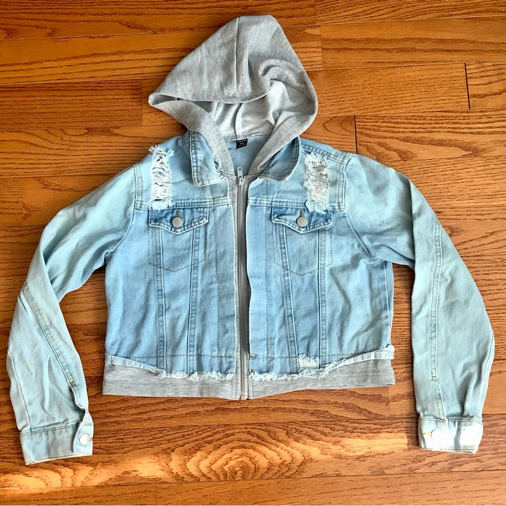 SHEIN Light Blue Denim Hooded Jacket Distressed Gray Trim Girl’s Size 12-13Y